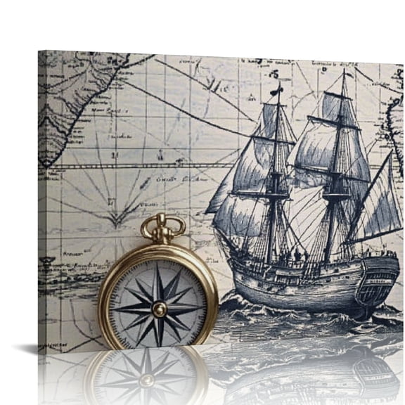 BCIIG Ships Compass Map Canvas Wall Art Decor for Living Room Bedroom Office - High Resolution Artwork Prints 20x16in