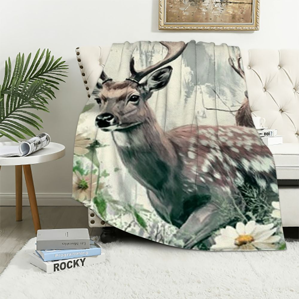 BCIIG Sika Deer Blanket Cute Animals Throw Blanket,Green Daisy Flowers