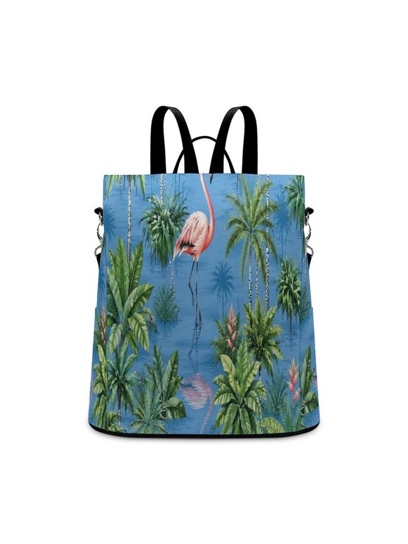 Single Flamingo Tropical Palm Leaves Blue Water Seamless Pattern Anti Theft Backpack, Purse for Women, Secure Back Zipper, Multi-Purpose Rucksack Backpack With Adjustable Strap, Womens Travel B