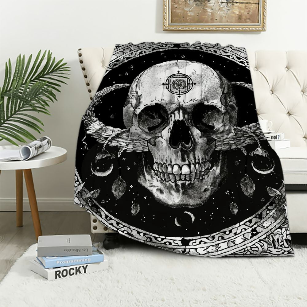 Day Of The Dead Halloween Throw Blanket - 50x60 Inch Flannel, Sugar Skull Design, Soft For Sofa, Bed | Vintage Skull