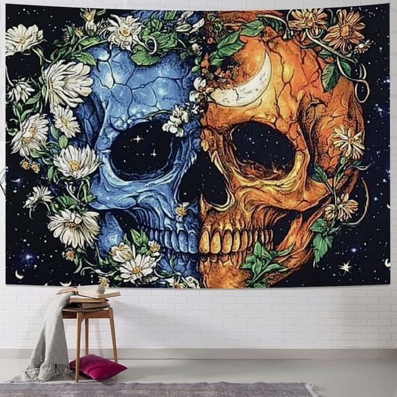 BCIIG Skull Floral Tapestry Aesthetic Leaves Tapestry Death Gaze Skeleton Tapestry Trippy Moon and Stars Tapestry Flower Vine Tapestries Wall Hanging for Bedroom, Room 40x30inch