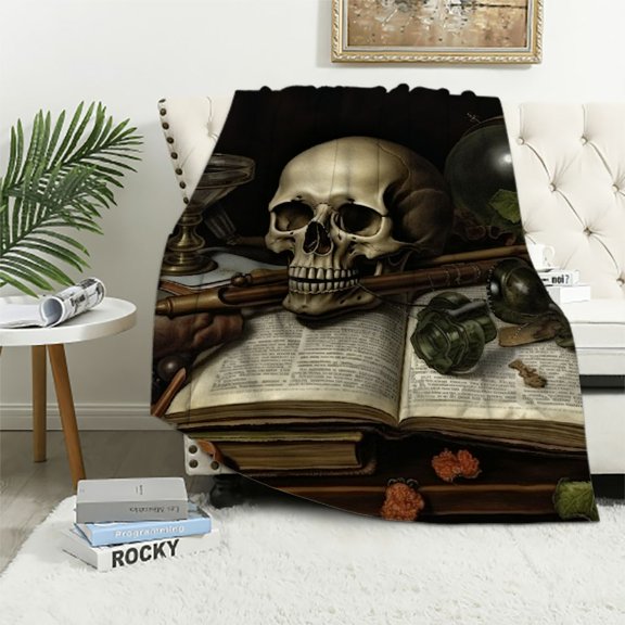 BCIIG Skull Magnifying Glass Book Theme Blanket Soft Fleece Blanket Throw Living Room Sofa Decor for All Seasons, Lightweight & Warm, Cow Gifts, Multiple Sizes 60x80in