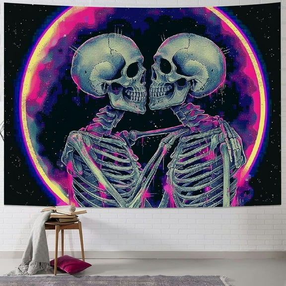 BCIIG Skull Tapestry Glow in the Dark Tapestry Kissing Lovers Tapestries Skeleton Neon Trippy Moon Stars Vertical Wall Hanging Decor for Bedroom Aesthetic 60x50inch