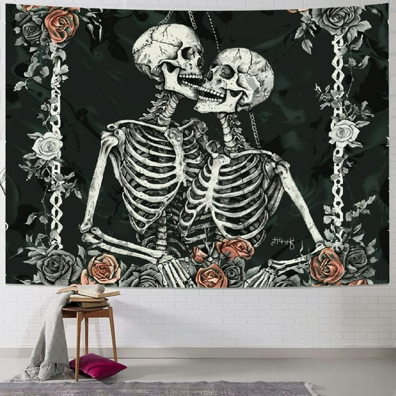 BCIIG Skull Tapestry The Kissing Lovers Tapestry Black Tarot Tapestry Human Skeleton Tapestry for Room
