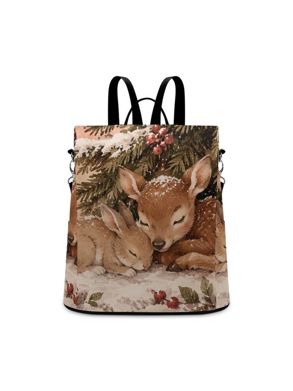 Sleeping Fawn Pink Winter Forest Art Anti Theft Backpack, Purse for Women, Secure Back Zipper, Multi-Purpose Rucksack Backpack With Adjustable Strap, Womens Travel Backpack, Lightweight Casual