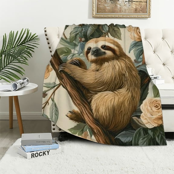 BCIIG Sloth Blanket for Women Adults Girls, Flannel Sloth Blankets Gifts, Plant Flower Sloth Throw Blanket for Sofa Couch Bed Living Room Soft Warm Cozy Sloth Decor 50x60in