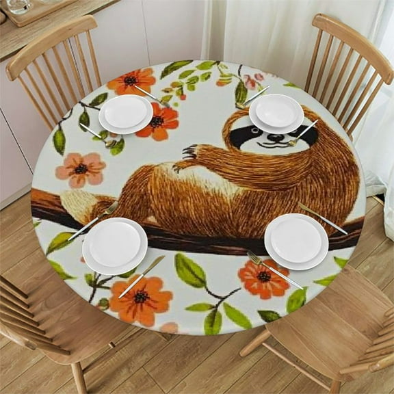 BCIIG Sloth Branch Flowers Round Tablecloth Stain-Resistant Washable 100% Polyester Fiber for Picnic Dining Kitchen Farmhouse Table - Ideal for Indoor Outdoor Restaurants Weddings Parties 38"-42