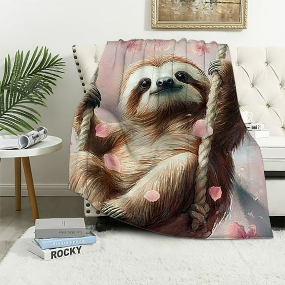BCIIG Sloth on a Swing & Cherry Blossom Blanket, Soft Throw Blanket for Couch, Bed, Travel, Living Room & Home Decor, Lightweight Cozy Warm Fuzzy Blankets for Adults Women Kids