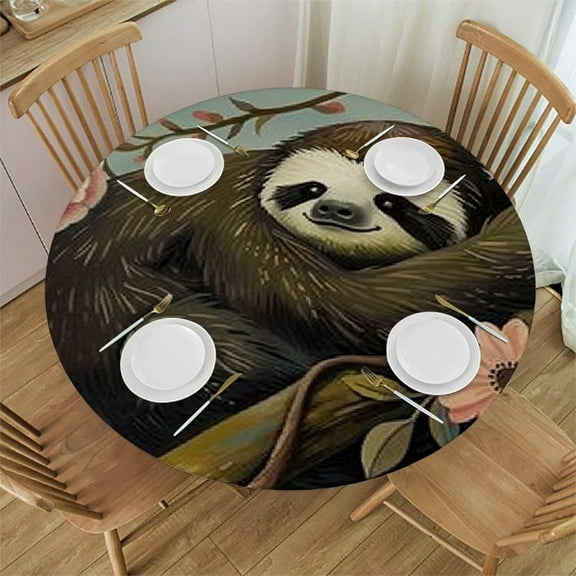 BCIIG Sloth Tree Branch Flowers Round Tablecloth Stain-Resistant Washable 100% Polyester Tablecloth for Picnic Dining Kitchen Farmhouse 54"-58
