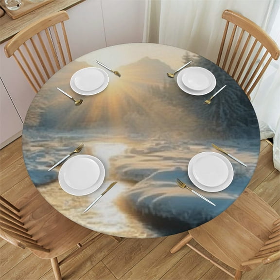 BCIIG Snow-Covered Forest Round Tablecloth Stain-Resistant Washable Indoor Outdoor Restaurant Wedding Party 100% Polyester Waterproof Fabric Home Decor 31"-35