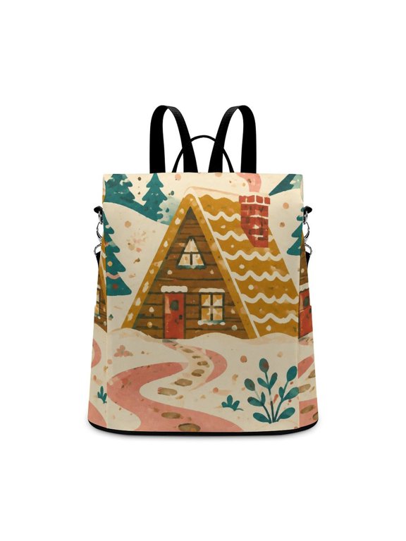 Snowy Cabin Retro Winter Folk Art Anti Theft Backpack, Purse for Women, Secure Back Zipper, Multi-Purpose Rucksack Backpack With Adjustable Strap, Womens Travel Backpack, Lightweight Casual Day