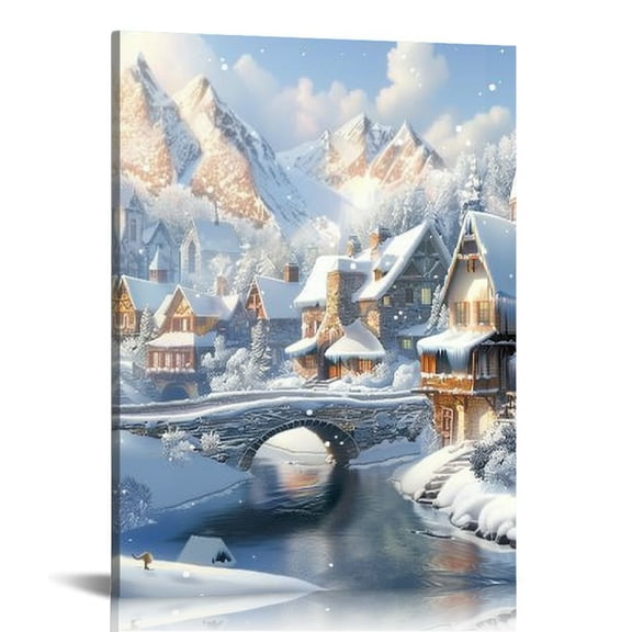 BCIIG Snowy Village River Bridge Fine Art Aesthetic Poster Print Wall Painting for Living Room Bedroom Home Office Wall Decor 12x16 in