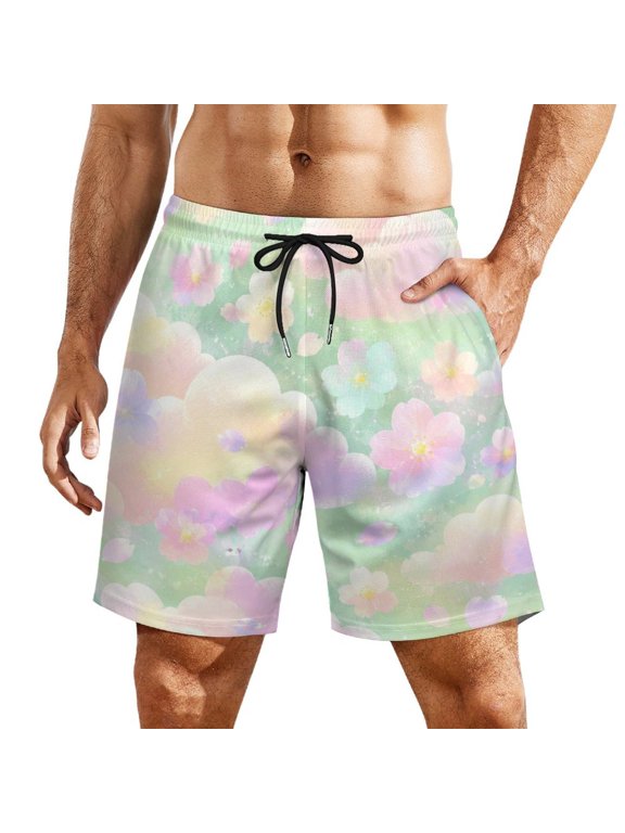 Soft Cherry Blossom Cloud Men's Beach Shorts, Breathable Mesh Lining Quick Dry with Pockets, Casual Swimwear for Adults,