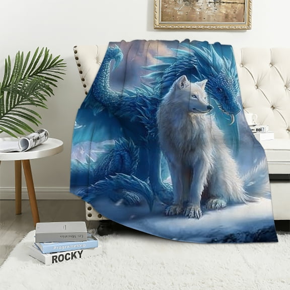 BCIIG Soft Plush Flannel Blanket, White Wolf Blue Dragon Design, All Seasons 50x60in