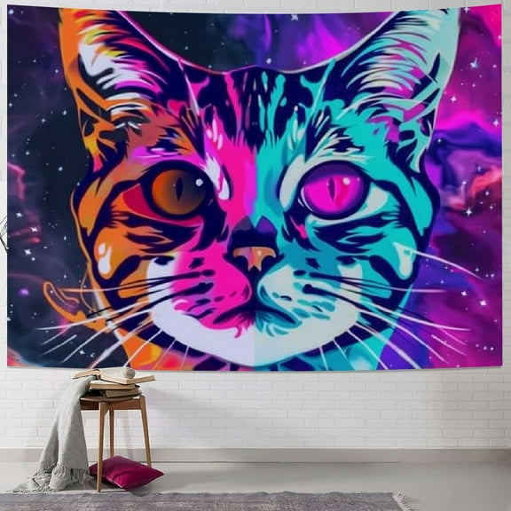 BCIIG  Space Kitty Cat Art Wall Hanging Throw Tapestries Poster, Hippie Hippy Bedding Blacklight Tapestry for Living Room Bedroom Dorm, Indian Home Decorative