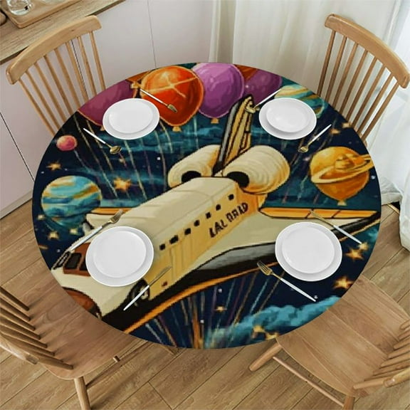 BCIIG Space Shuttle Balloons Stars Round Table Cover Stain Resistant Washable 100% Polyester Fiber Perfect for Indoor Outdoor Kitchen Dining Wedding Parties 31"-35