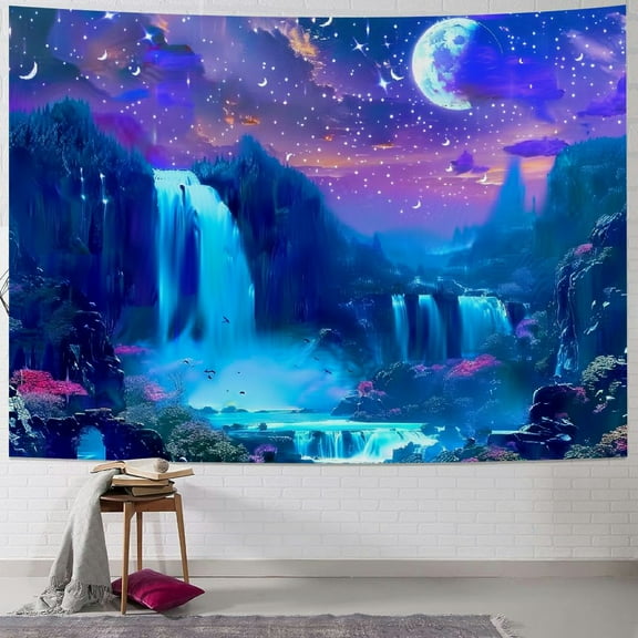 BCIIG Space Tapestry for Bedroom, Moon and Mushroom Large Tapestries , Glow In The Dark Fantasy Waterfall Landscape Wall Hanging for Living Room Dorm Decor 40x60inch