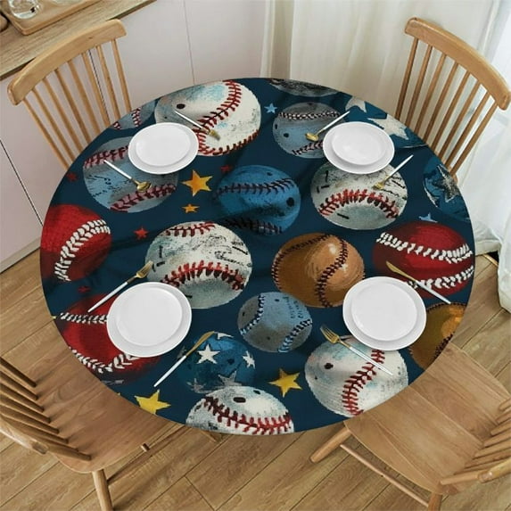 BCIIG Sports Balls Stars Round Table Cover Stain Resistant Washable Indoor Outdoor Tablecloth Kitchen Dining Wedding Parties 100% Polyester Fiber 31-35