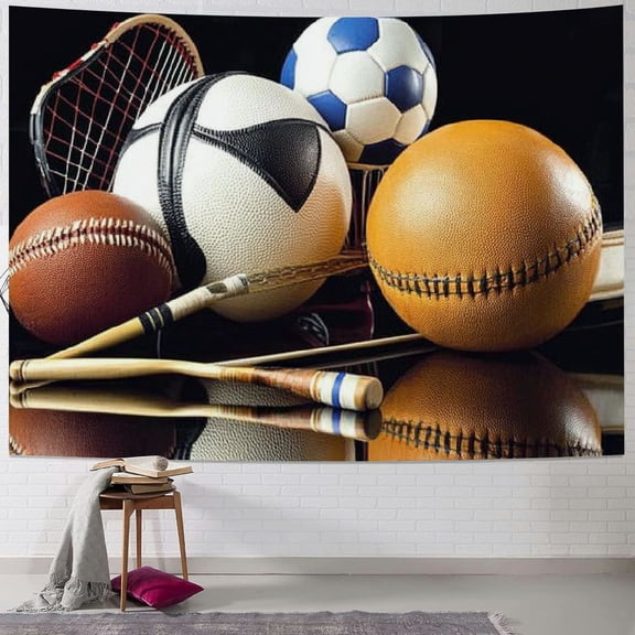 BCIIG Sports Tapestry, Hobby Equipment Print of Football Soccer Darts Ice Hockey Baseball and Basketball Themed Print, Wide Wall Hanging for Bedroom Living Room Dorm 40x30inch