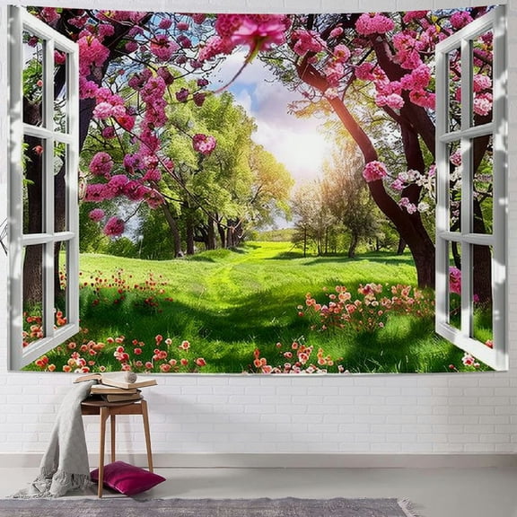 BCIIG  Spring Landscape Tapestry Natural Scenery Window View Aesthetic Wall Tapestries for Bedroom Living Room Decor Cherry Blossom Trees Picture Sunshine Nature Tapestry Wall Hangings  Painting