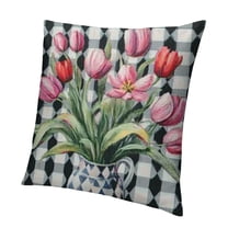 BCIIG Spring Pink Tulips Pillow Covers   Buffalo Plaid Black White Decorations Outdoor Throw Pillow Covers, Square Pillowcases for Sofa Couch Bedroom Decorative 12x12in