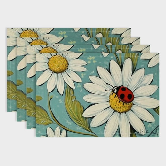 BCIIG Spring Summer Daisy Flower Set of 4, Floral Eucalyptus Leaves Blue Dining Place Mats Table Decor, Ladybug Seasonal Home Kitchen Decoration 18x12in