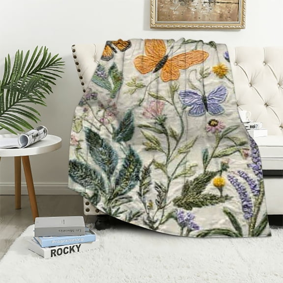 BCIIG Spring Throw Blanket Wildflowers Butterfly Blanket Green Wild Flower Plant Blankets Vintage Herbs Blanket Colorful Wild Flowers Printed Flannel Blanket for Bed Sofa Chair 40x50in