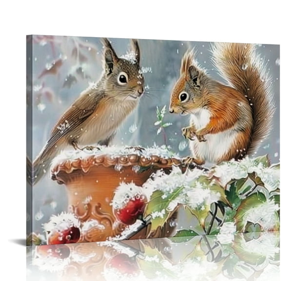 BCIIG Squirrel Bird Snow Canvas Prints Wall Art for Living Room Bedroom Home Office Decor 20x16in