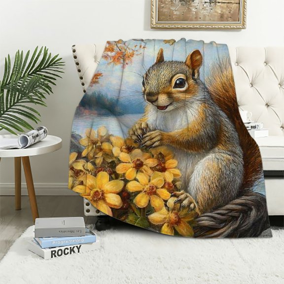 BCIIG Squirrel with Floral Basket Blanket Soft Cozy Flannel Throw Blanket, Warm Yet Lightweight Blankets for Travel, Couch, Bed, for Adults Women Men, Fuzzy Outdoor Comfort Wrap  60x80in
