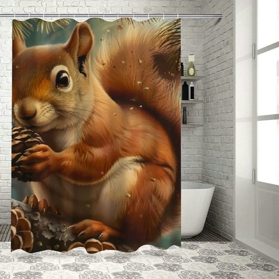 BCIIG Squirrel Pine Cone Tree Branch Bathroom Decor Set with Hooks, Colorful Luxurious Graphic Print Polyester Fabric Fashion Shower Curtain Set, Chic Modern Decor 60x72