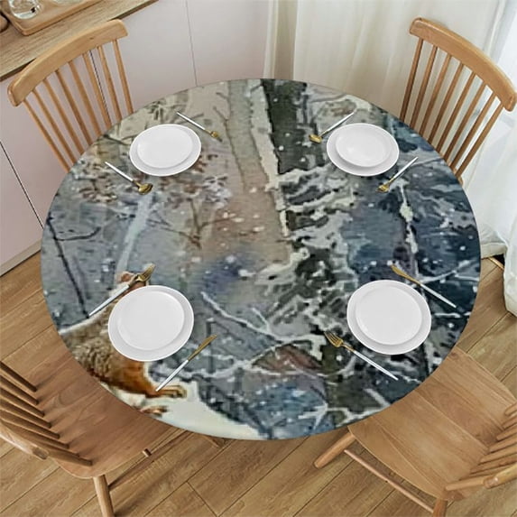 BCIIG Squirrel Snow Woods Round Table Cover Stain Resistant Washable Indoor Outdoor Tablecloth Kitchen Dining Wedding Parties Outdoor Fitted 100% Polyester Fiber 46-50