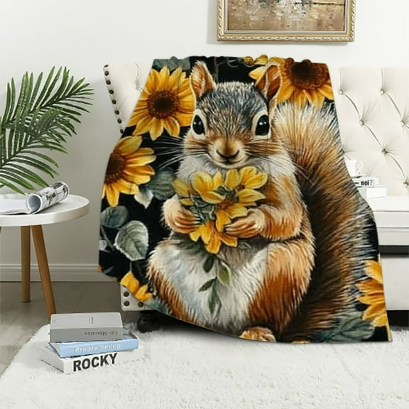 BCIIG Squirrel Throw Size Blanket for Kids, Yellow Sunflower Sherpa Blanket Cute Animal Kawaii Throw Blanket for Girls Teens Adult, Floral Rustic Farmhouse Fuzzy Blanket for Bed Couch 50x60in
