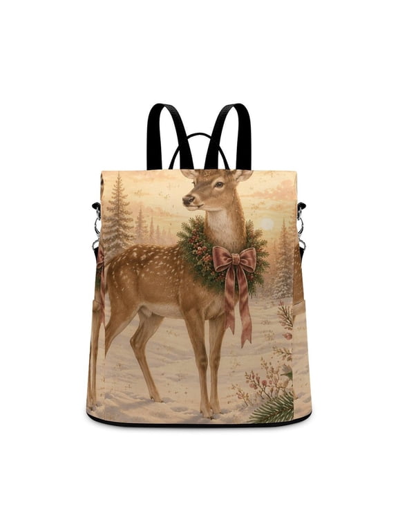 Stag Pine Snowy Forest Vintage Art Anti Theft Backpack, Purse for Women, Secure Back Zipper, Multi-Purpose Rucksack Backpack With Adjustable Strap, Womens Travel Backpack, Lightweight Casual Da