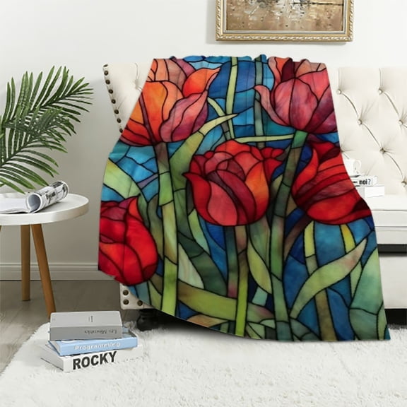 BCIIG Stain Glass Tulips Floral Blanket Gifts for Women Girls Soft Warm Lightweight Cozy Flower Throw Blankets for Bed Living Room Sofa Travel Home Decor 40x50in