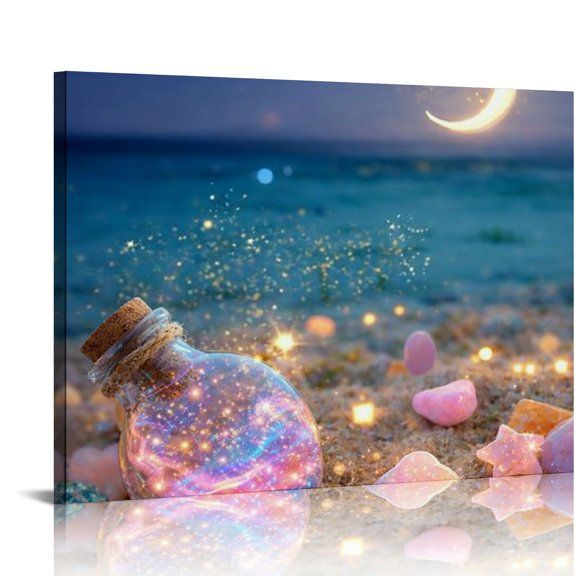 BCIIG Star Wish Bottle by the Moonlit Sea  HD Print Framed Canvas Wall Art, Wall Art,  Ready An Excellent Gift Choice Suitable For Living Room Bedroom Kitchen Classroom Studio Family