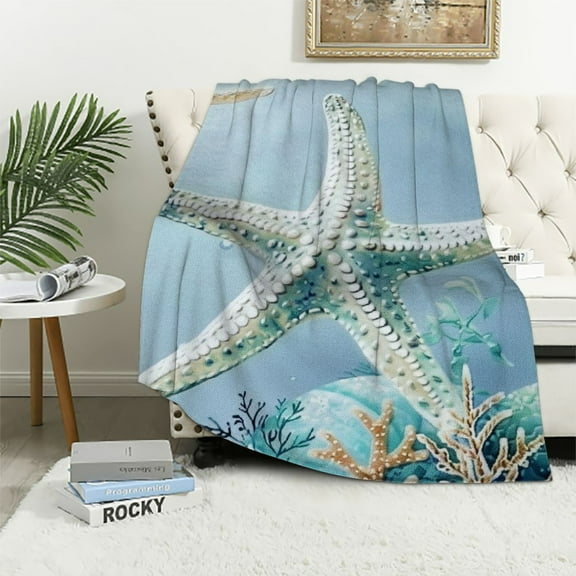 BCIIG Starfish Blanket Teal Blue Ocean Beach Coastal Throw Blanket ,Octopus Tentacles Fleece Blanket Underwater Creature Coral Bed Blanket,Kawaii Fish Room Decor for Bed Chair Sofa Couch 40x50in