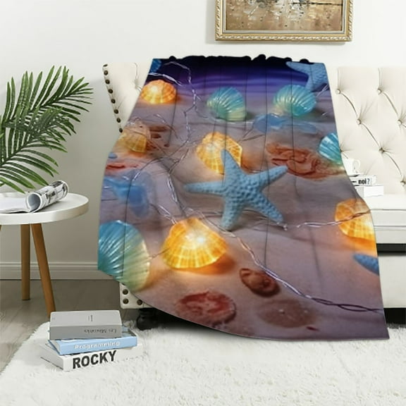 BCIIG Starfish Seashells Glowing Lights Warm Lightweight Blanket Soft Fleece Blankets Throw Blanket for Living Rooms Sofa Decor Cow Gifts All Seasons Excellent Hand Feel Blanket 40x50in
