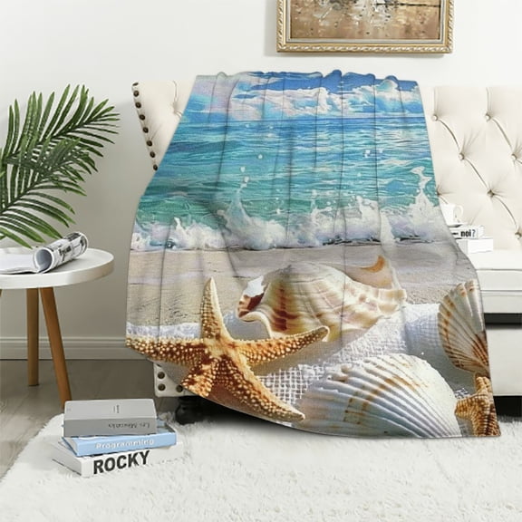 BCIIG Starfish Shells Beach Warm Lightweight Blanket Soft Fleece Blankets Throw Blanket Living Rooms Sofa Decor Cow Gifts - All Seasons Throw Blanket 60x80in