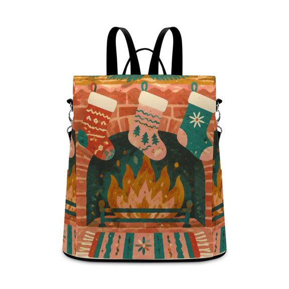BCIIG Stocking Fireplace Retro Winter Folk Art Anti Theft Backpack, Purse for Women, Secure Back Zipper, Multi-Purpose Rucksack Backpack With Adjustable Strap, Womens Travel Backpack, Lightweight Cas