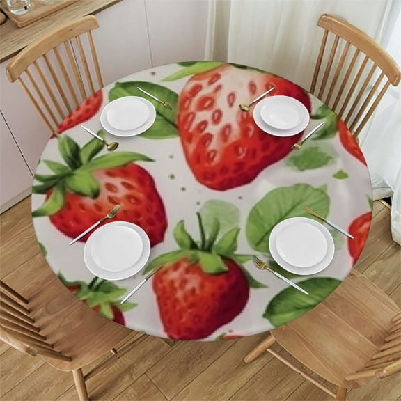 BCIIG Strawberries Green Leaf Round Table Cover Stain Resistant Washable for Indoor Outdoor Kitchen Dining Wedding Parties 100% Polyester Fiber Outdoor Fitted Waterproof 31"-35