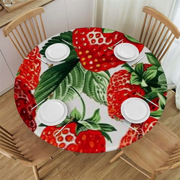 BCIIG Strawberries Leaves Pattern Round Tablecloth Stain Resistant Washable 100% Polyester Elastic Edge Ideal for Home Kitchen Parties Wedding Dining Indoor Outdoor Table Cover 38"-42