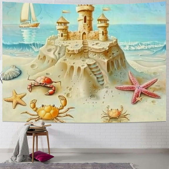 BCIIG Summer Beach Tapestry Coconut Tree Sand Castle Funny Crabs Seaside Wall Hanging for Kids Vacation Aloha Luau Party Decoration Living Room Dorm Decor 50x40inch