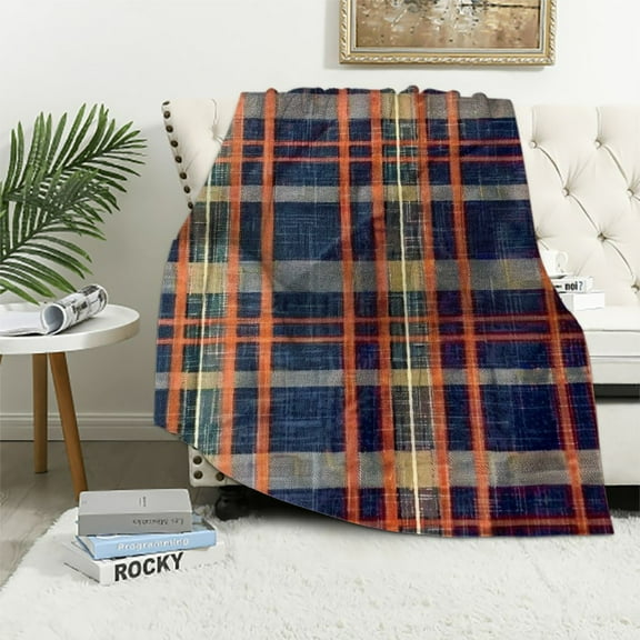 BCIIG Summer Navy Blue Flannel Throw Blanket Plaid Colorful Navy Blue Orange Beige Check Autumn Warm Lightweight Cozy Blanket for Bedroom Living Rooms Sofa  50x60in