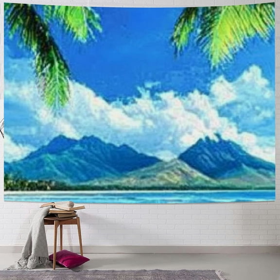 BCIIG Summer beach theme: Hawaii ocean, blue sky, beachfront, tropical palm trees, party decoration, banner, tapestry, living room background, wall decoration 40x60inch