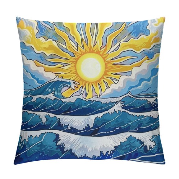 BCIIG Sun Clouds Waves Graphic Decorative Throw Pillow Cover for Home Couch Living Room Bed Sofa, Short Plush Material, 1PC 18x18in