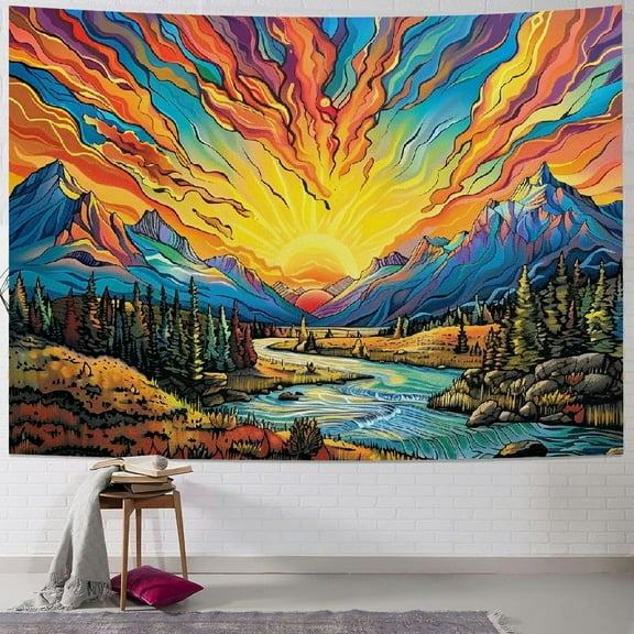 BCIIG  Sun Mountain Tapestry Trippy Forest Tree Tapestry Vintage Aesthetic Plant Tapestry Magic River Wall Tapestry Nature Landscape Tapestry Wall Hanging for Bedroom