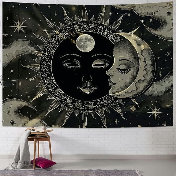 BCIIG Sun and Moon Tapestry Sun with Stars Black and Beige Psychedelic Popular Mystic Aesthetic Tapestries Wall Hanging For Room