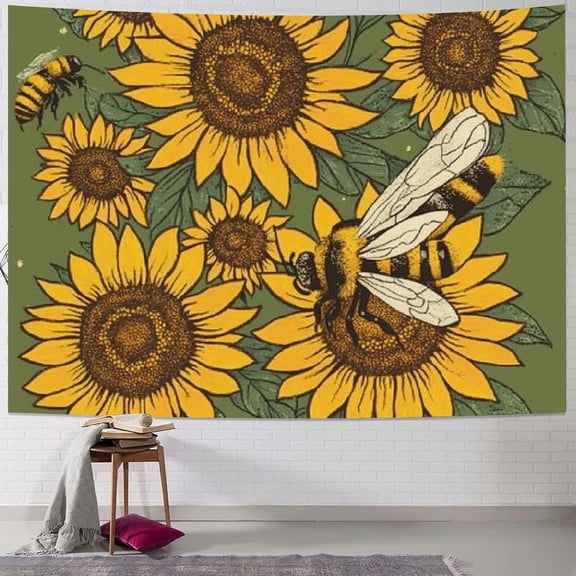 BCIIG Sunflower Bee Tapestry Decorative Wall Hanging Bedding Tapestry Tapestries Beach Blanket Wall Art for Room 60x50inch
