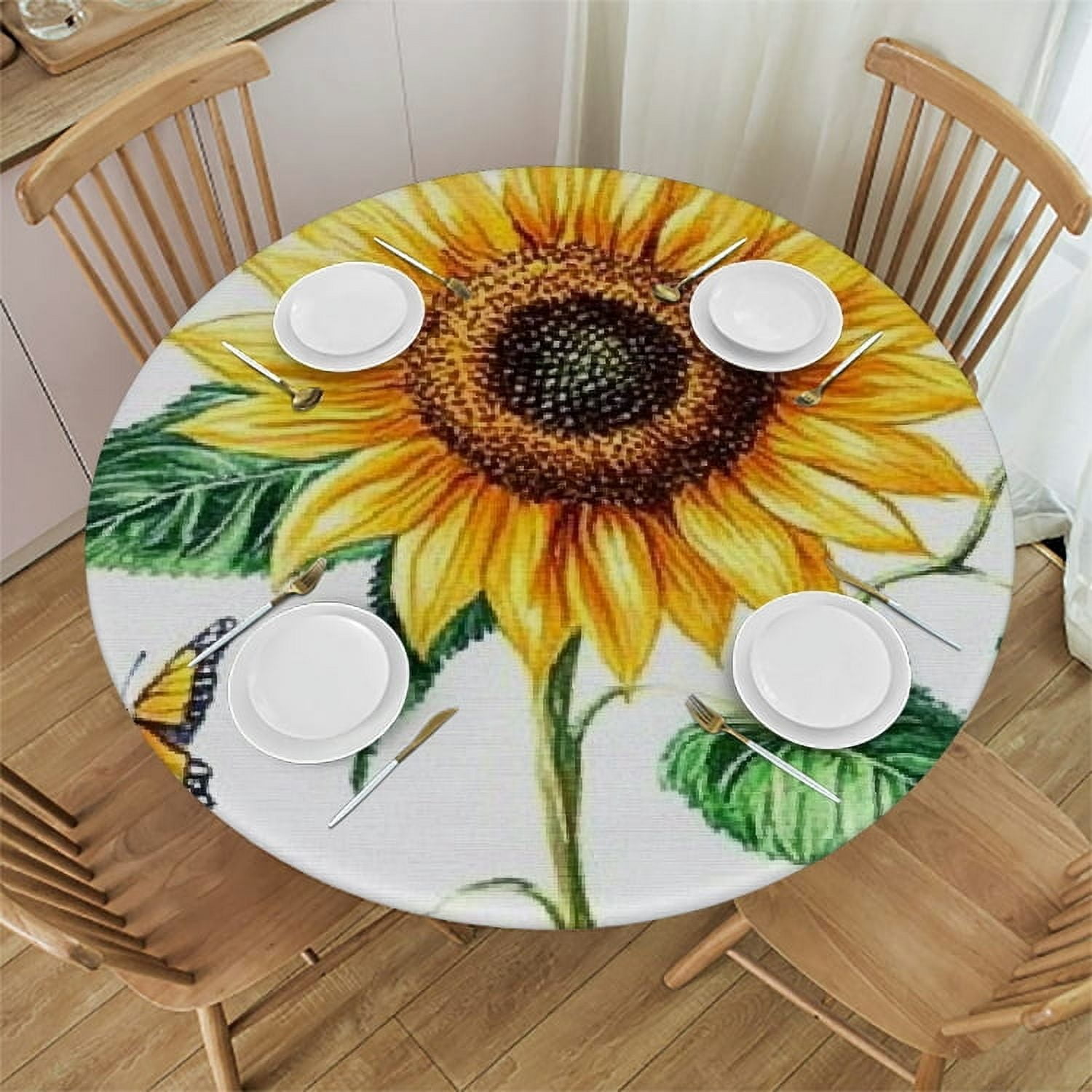 BCIIG Sunflower Butterfly Round Tablecloth Stain-Resistant Washable ...