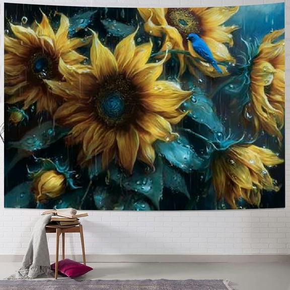 BCIIG Sunflowers Blue Bird Rain Tapestry Wall Hanging Home Decor 60x50inch